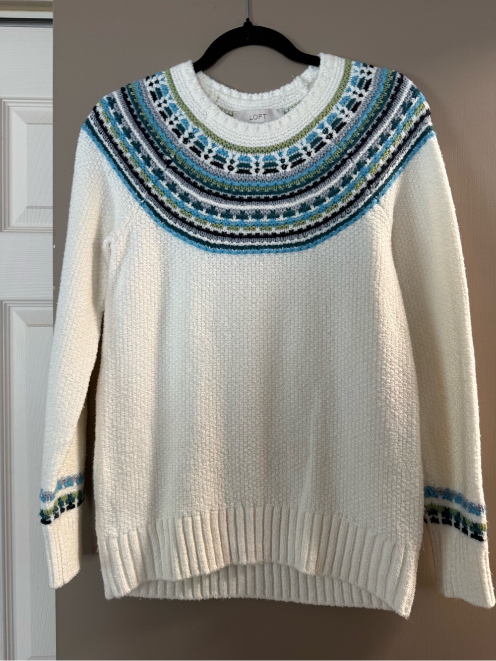 LOFT Cream Sweater with Multicolor Fair Isle Yoke
